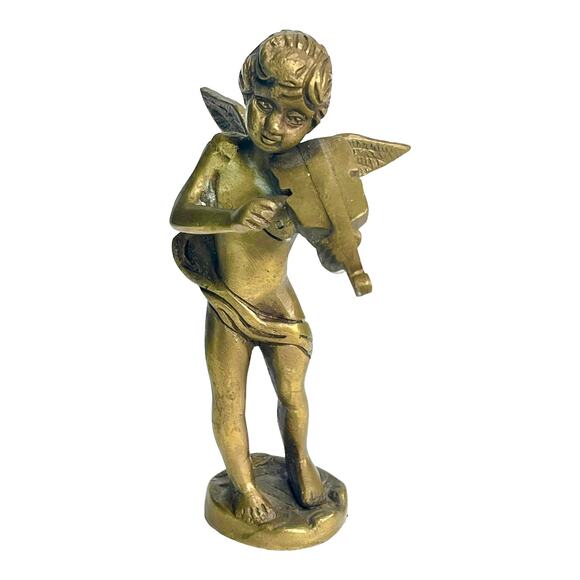 Brass Cherub Figurine 6" Angel Statue Playing Violin Viola Child Vintage Solid - Picture 4 of 5